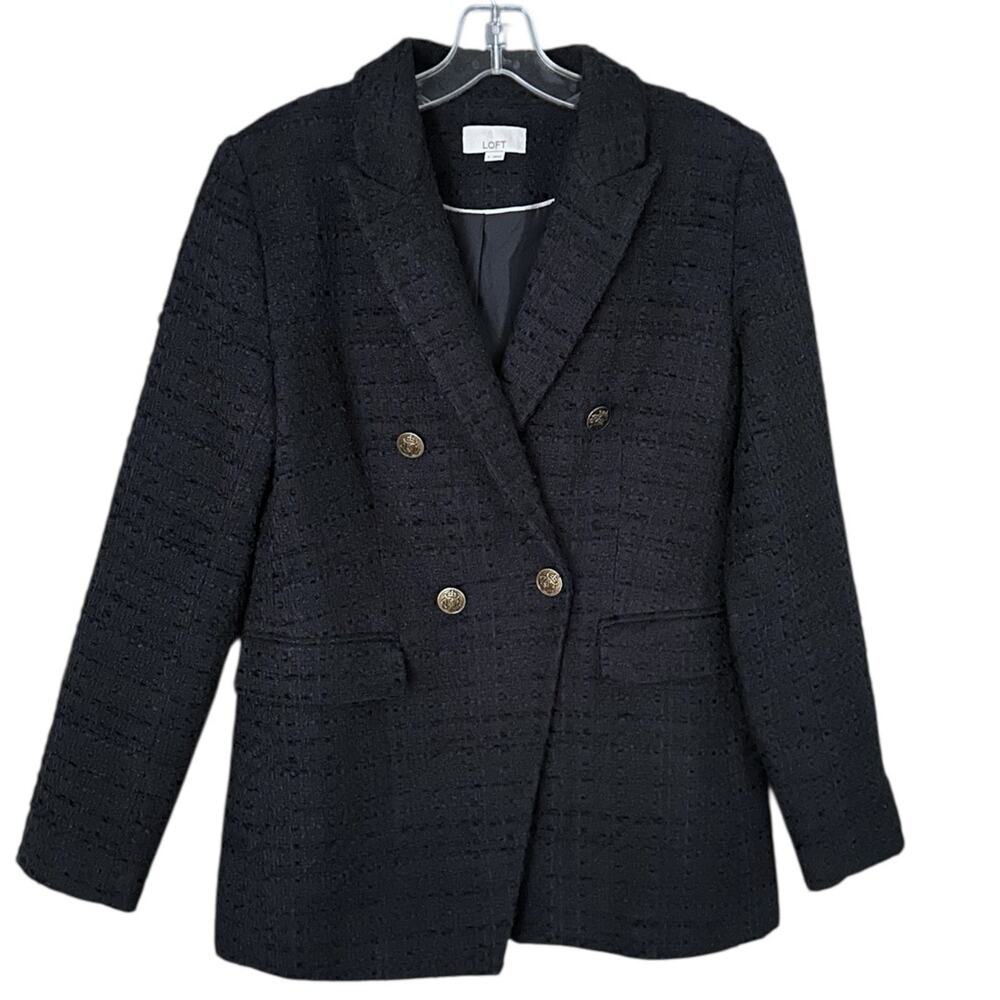 LOFT Navy Textured Boucle Blazer Women's 2 Double Breasted Gold Buttons Classic